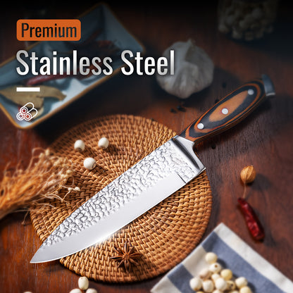 Hammered Kitchen Knife Set in Stainless Steel with Listed Wooden Handles, Storage Block and Sharpener for Home Cooking, 15-PCS or 20-PCS-Black Options