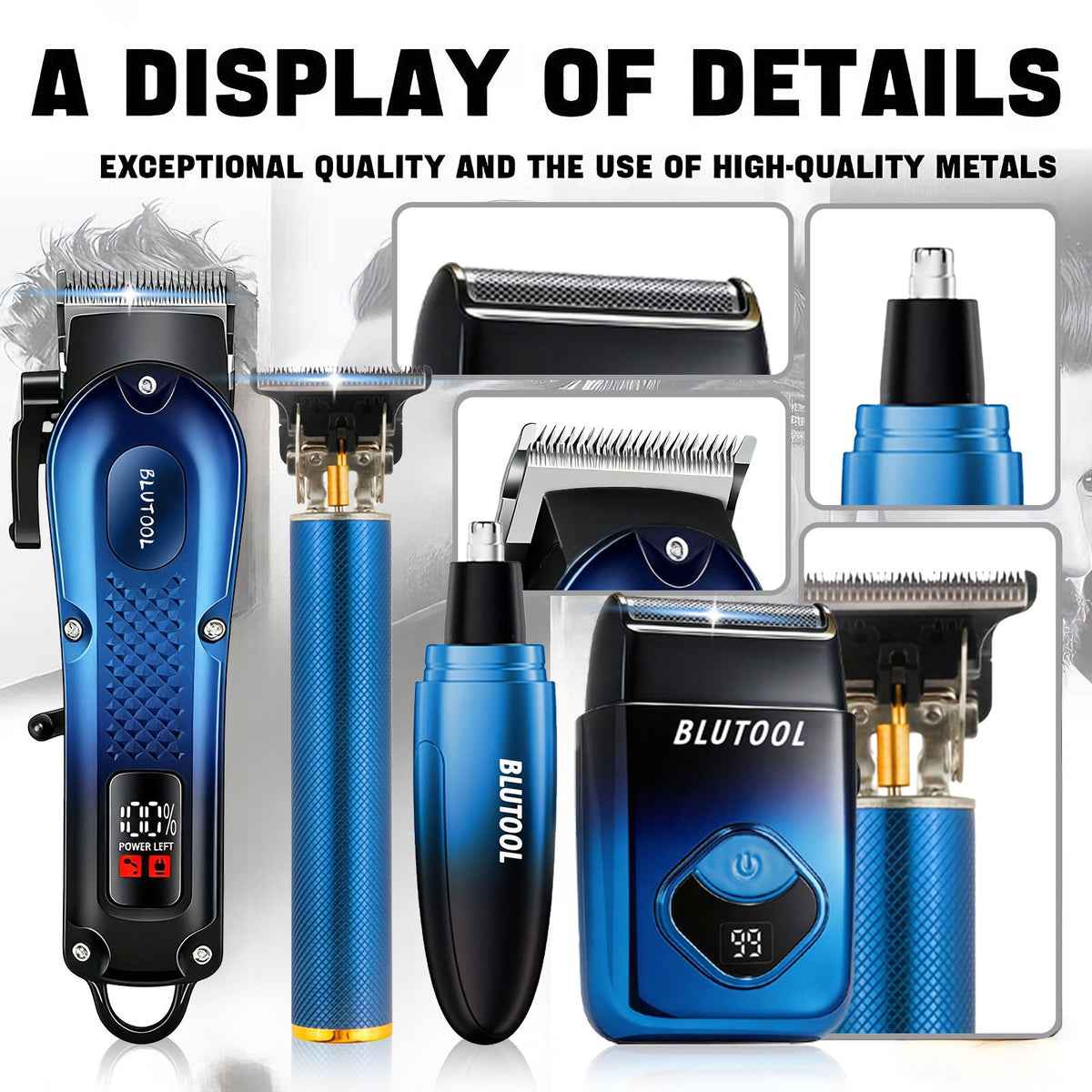 USB Rechargeable Hair Clipper Set for Men in Blue XY-4012, Cordless Grooming Tools with Listed Shaver, Nose Trimmer and Fine Trimmer Package References