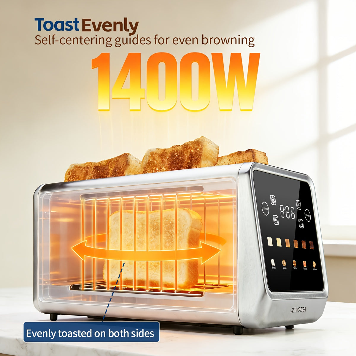 Touchscreen Four-Slice Long Slot Toaster with Listed 1.5-Inch Wide Slots, Six Shade Settings, Countdown Display, Memory and Dual Independent Controls, Stainless Steel