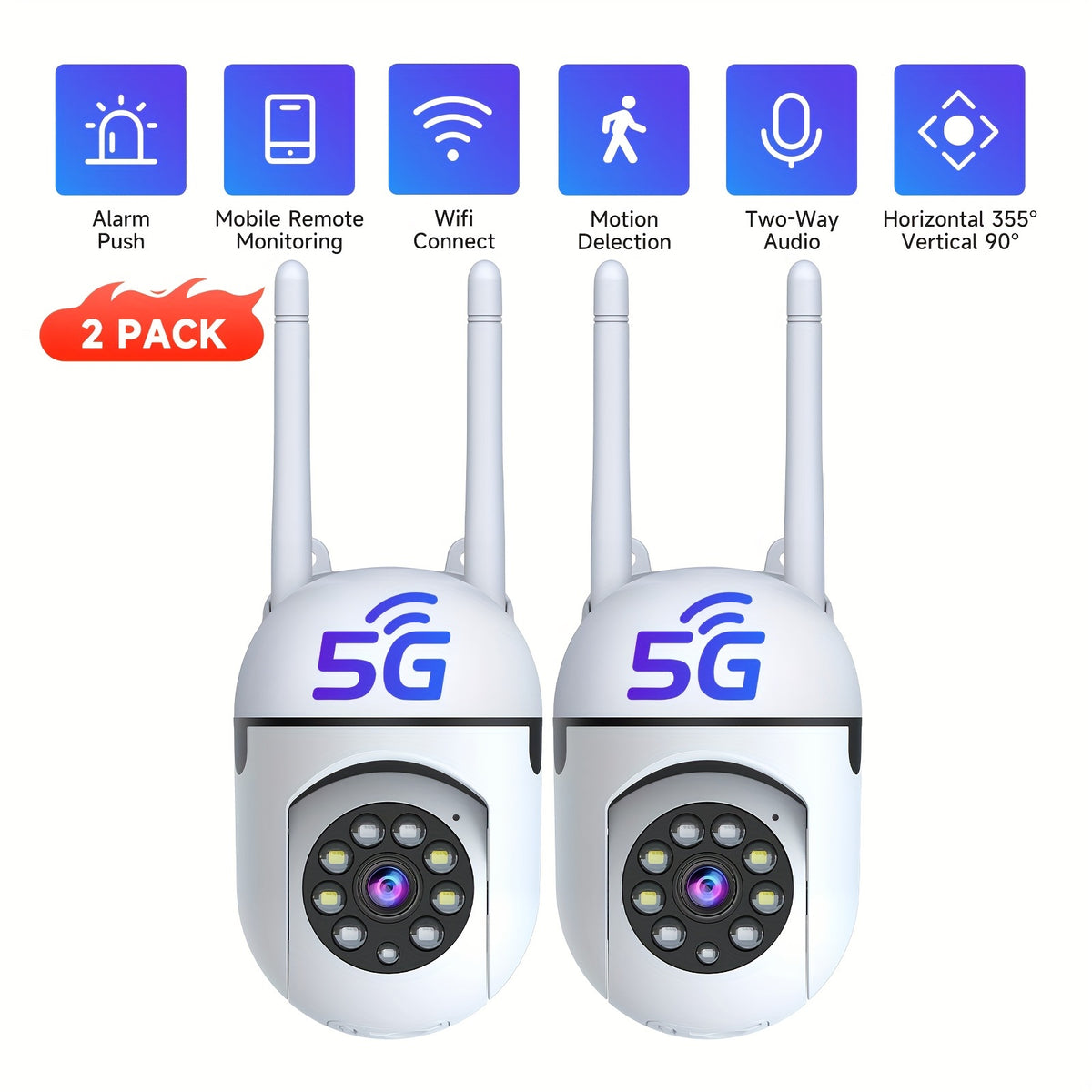 PTZ Security Camera 2-Pack, 355° Pan & Tilt Indoor Camera with AI Motion Detection, Dual-Band WiFi, Full-Color Night Vision, Two-Way Audio, Cloud & SD Storage