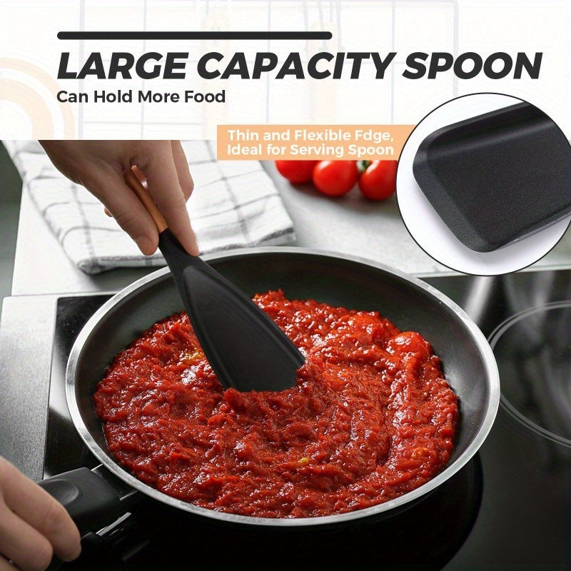 Silicone Cooking Spoon with Wooden Handle and Listed 12-Inch Length, Black or Black 2PC Options for Mixing, Stirring and Serving in Home Kitchens