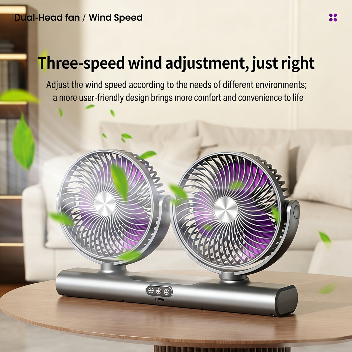 Twin-Head USB Desk Fan with Listed Three-Speed Adjustment, Multi-Angle Airflow and Night Light in Off White or Grey for Home, Office and Camping Spaces
