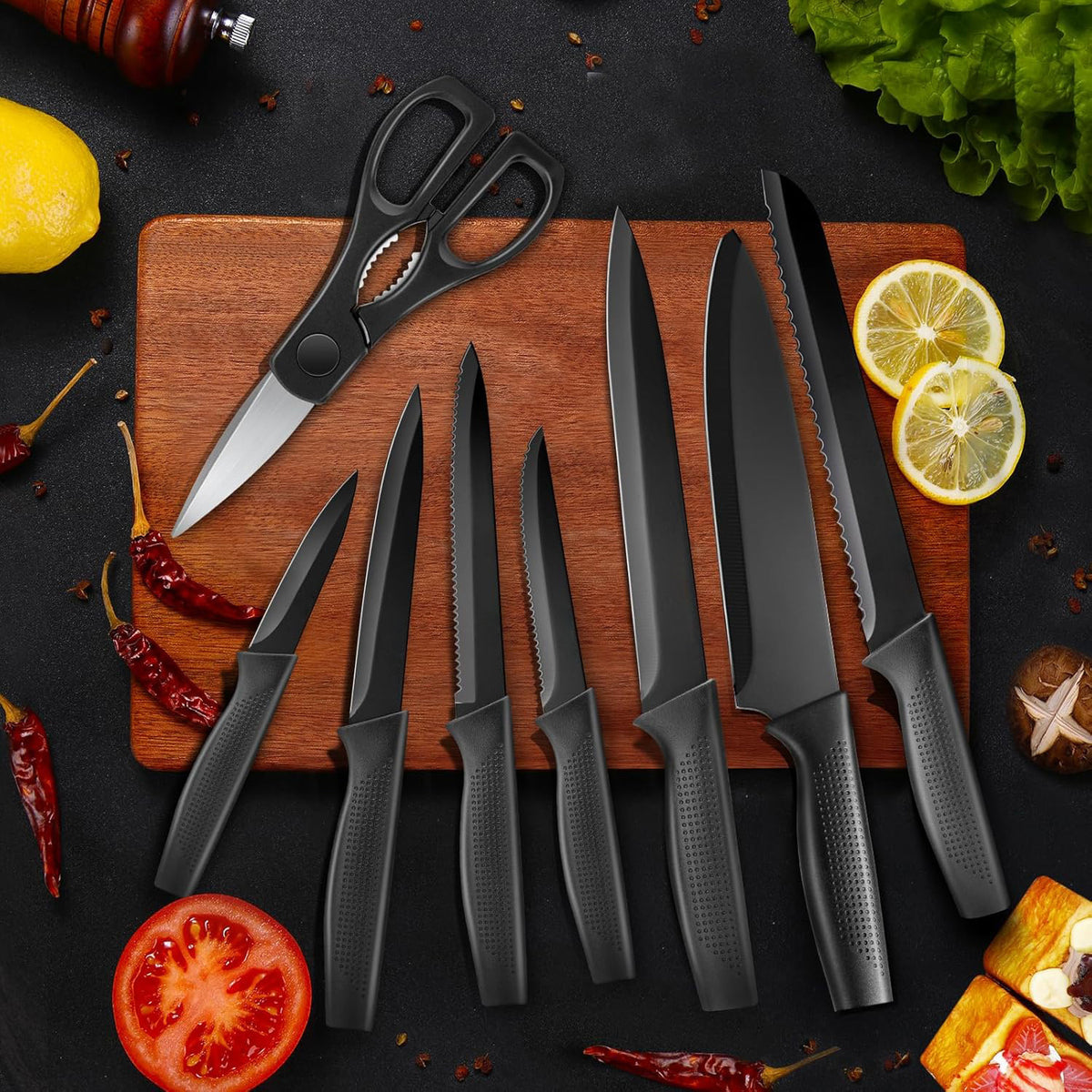 Black Cooking Knife Set with Fruit Knife Small Set or Stainless Steel Kitchen Large Set Options for Slicing, Dicing and Everyday Home Meal Preparation