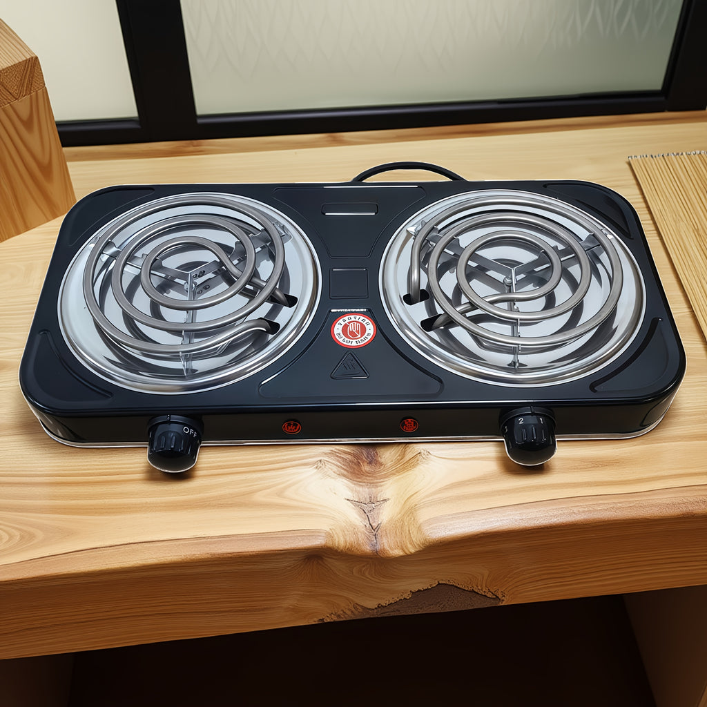 Double-Coil Electric Hot Plate with Five Adjustable Heat Settings, Black Tabletop Cooking Stove with Two Burner Option Labels for Home Kitchen Meal Preparation