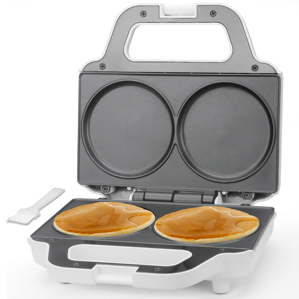 Double Mini Pancake Maker in White, 4-Inch Electric Breakfast Griddle with Listed Arepa, Egg and Cookie Cooking Uses for Homemade Meals and Snacks