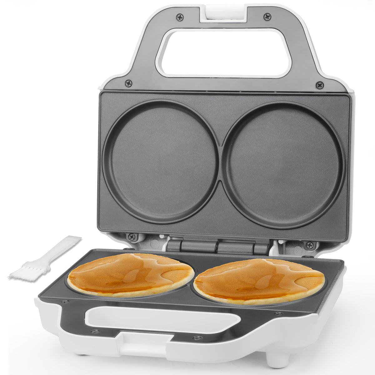 Double Mini Pancake Maker in White, 4-Inch Electric Breakfast Griddle with Listed Arepa, Egg and Cookie Cooking Uses for Homemade Meals and Snacks