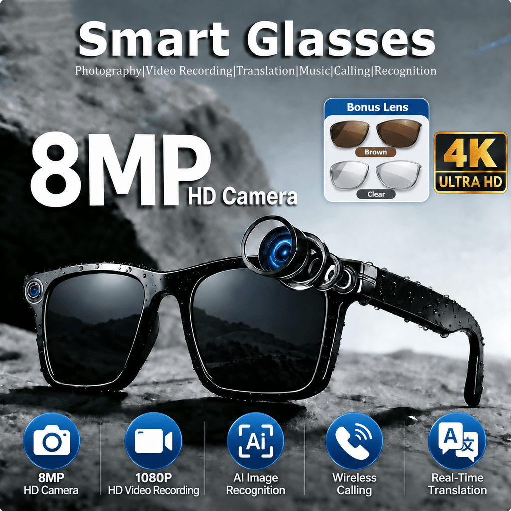 8MP Camera Smart Glasses with Three Pairs of Lenses, Black Touch-Control Eyewear with HD Video, Translation, Bluetooth Calls and Music