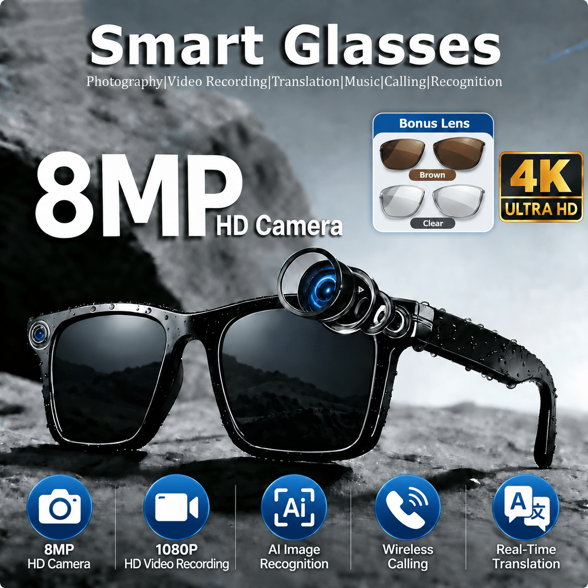 8MP Camera Smart Glasses with Three Pairs of Lenses, Black Touch-Control Eyewear with HD Video, Translation, Bluetooth Calls and Music