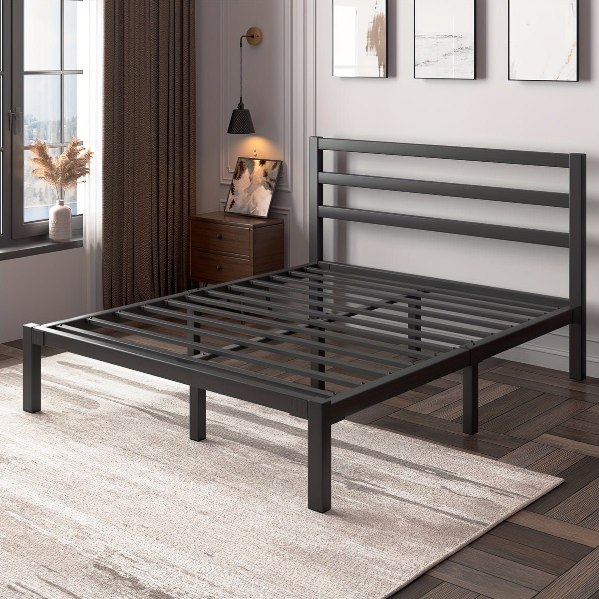 Metal Slat Platform Bed Frame with Slatted Headboard and Under-Bed Storage Space, No Box Spring Needed, Black or White in Twin, Full, Queen and King