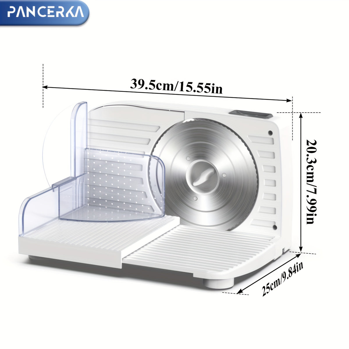 Adjustable Deli Food Slicer by PANCERKA in White, One Electric Cutting Machine with Listed 0–15mm Thickness Range and 130–200W Wording for Compatible Kitchen Foods