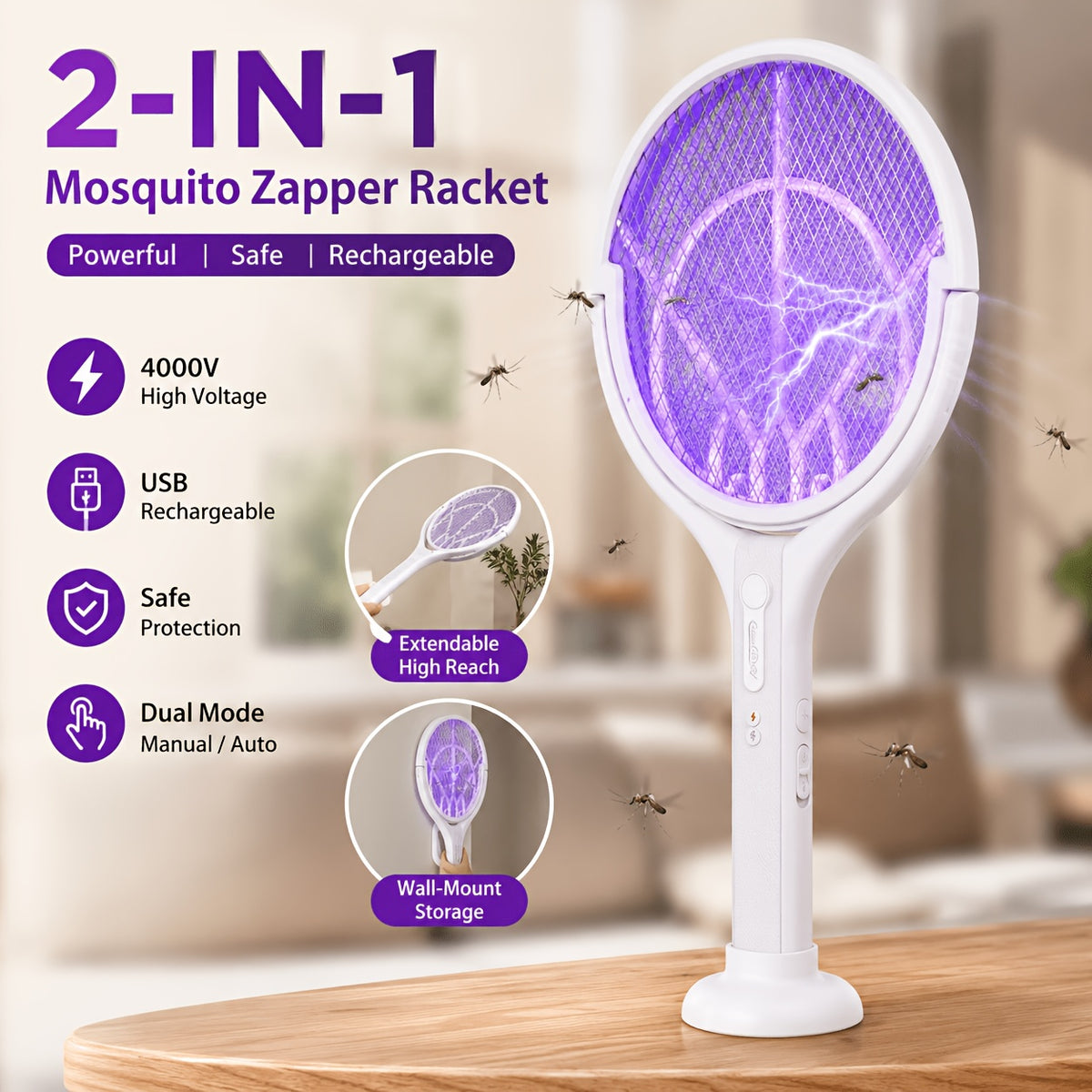 Electric Fly Swatter with Listed Type-C Rechargeable Design, Detachable Construction and Automatic Mode Wording, Single-Piece Indoor Insect-Control Tool