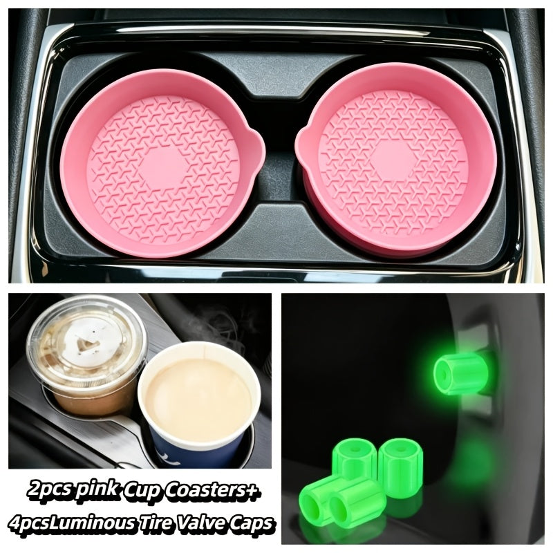 Silicone Car Cup Holder Coasters in Two- or Four-Piece Options, Anti-Slip Cup Mats with Multiple Colors and Selected Glow-in-the-Dark Accessory Bundles