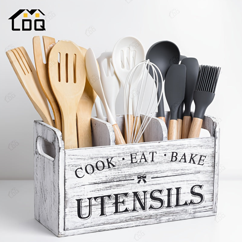 Wooden Kitchen Utensil Holder by LDQ, Rustic Countertop Organizer in Black or White with Two-Compartment Options for Forks, Spoons and Whisks