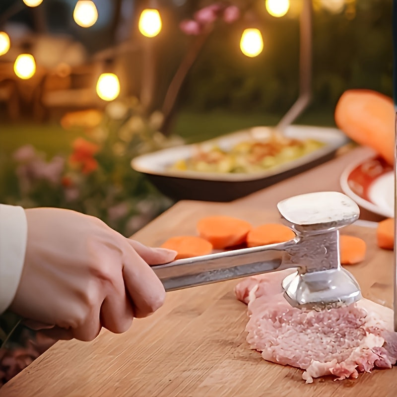 Double-Sided Meat Hammer with Listed Food Cover, Silvery Stainless Steel Manual Kitchen Mallet for Recipe-Guided Beef, Chicken and Pork Preparation