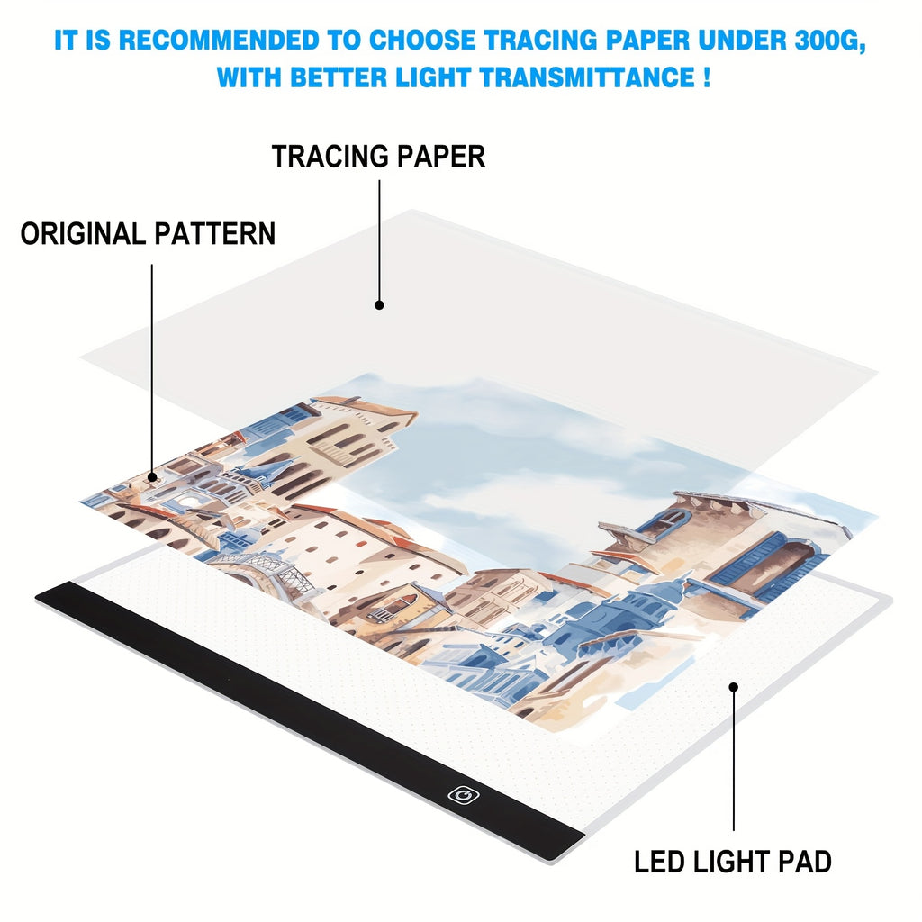 Touch Control A2 LED Tracing Light Box with Three-Level Brightness Adjustment, USB-Powered Thin Light Pad in Black or Blue for Diamond Painting, Sketching and Paper Crafts
