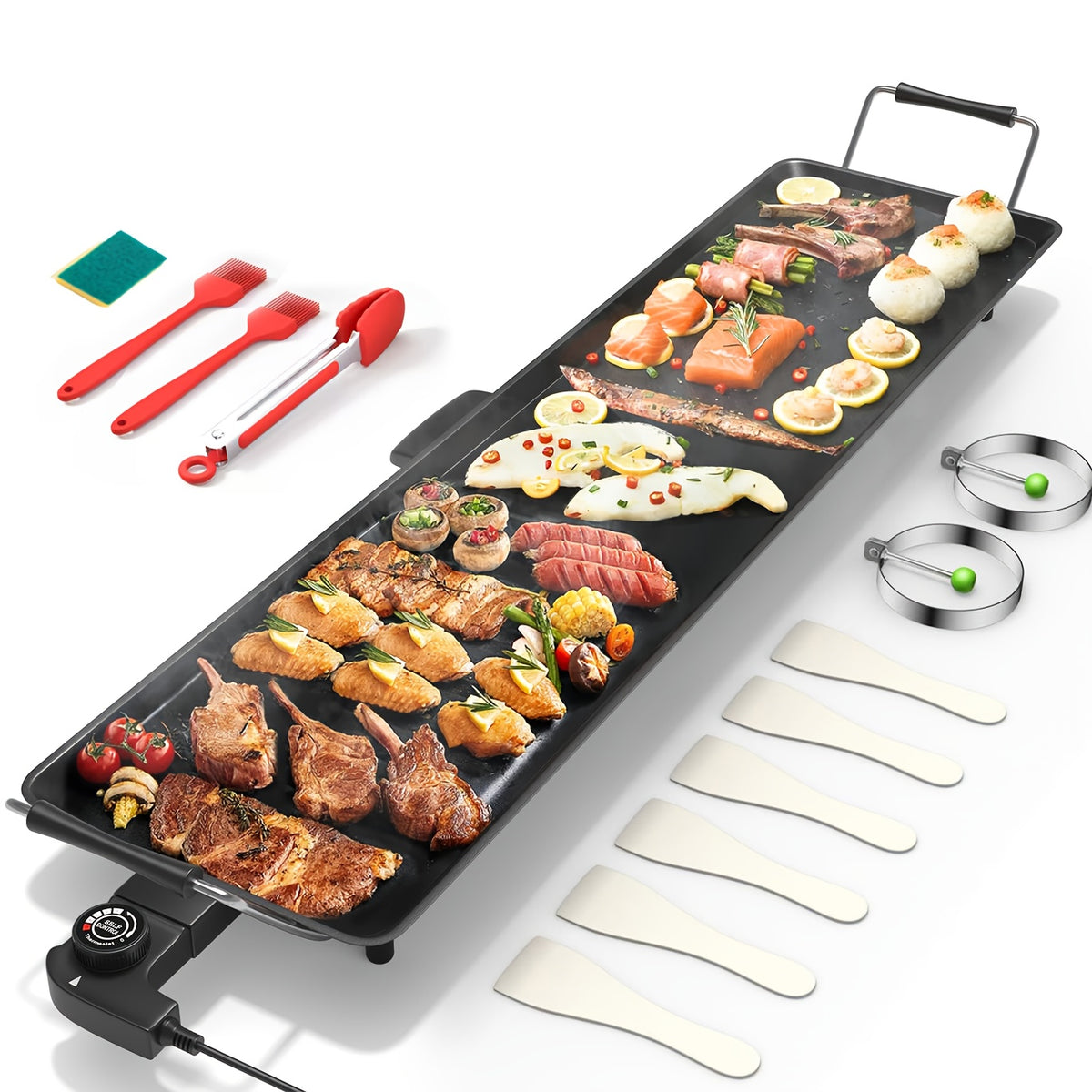 Electric Griddle 35-Inch Extra-Long Nonstick Grill with Adjustable Temperature and Drip Tray for Pancakes, Steaks and Family Meals, Gift Bag Included