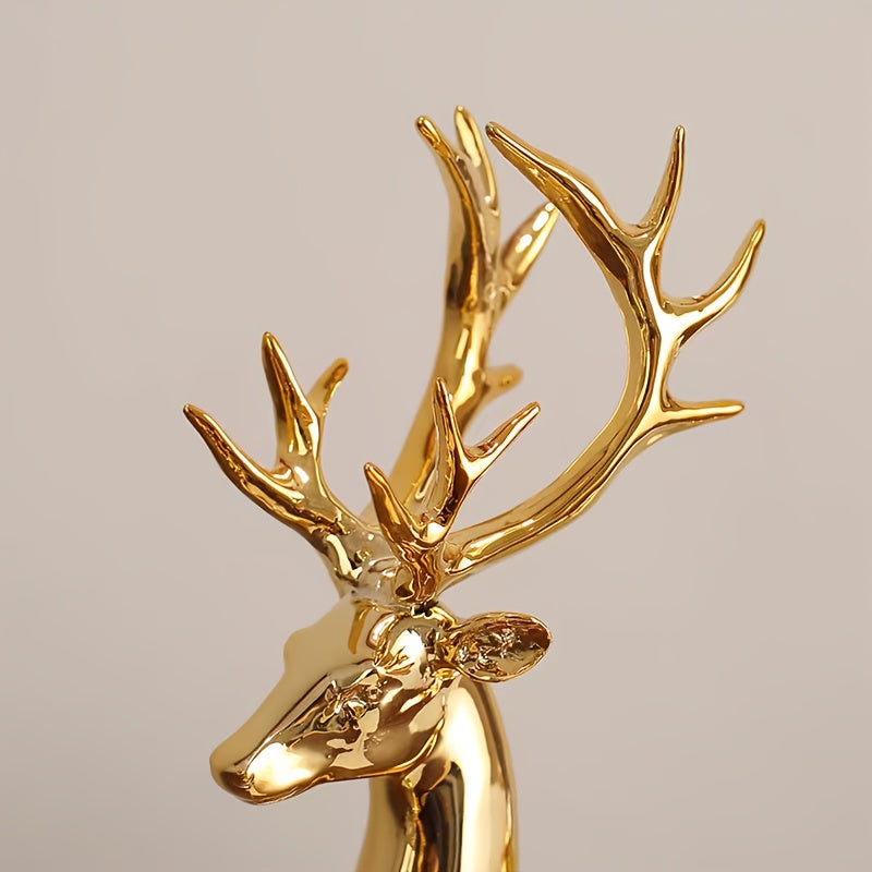 Reindeer Figurines in Champagne Golden or Silvery, Listed Two-Piece Decorative Set for Christmas Home Displays, Living Room Accents and Desk Styling