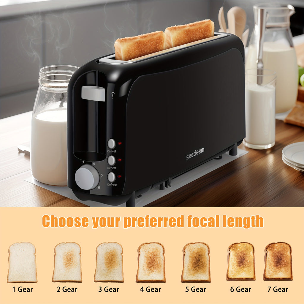Slim Long Slot Toaster by SEEDEEM, 2-Slice 750W Breakfast Toaster with 1.45-Inch Wide Slot, 6 Shade Settings, Reheat, Defrost and Crumb Tray