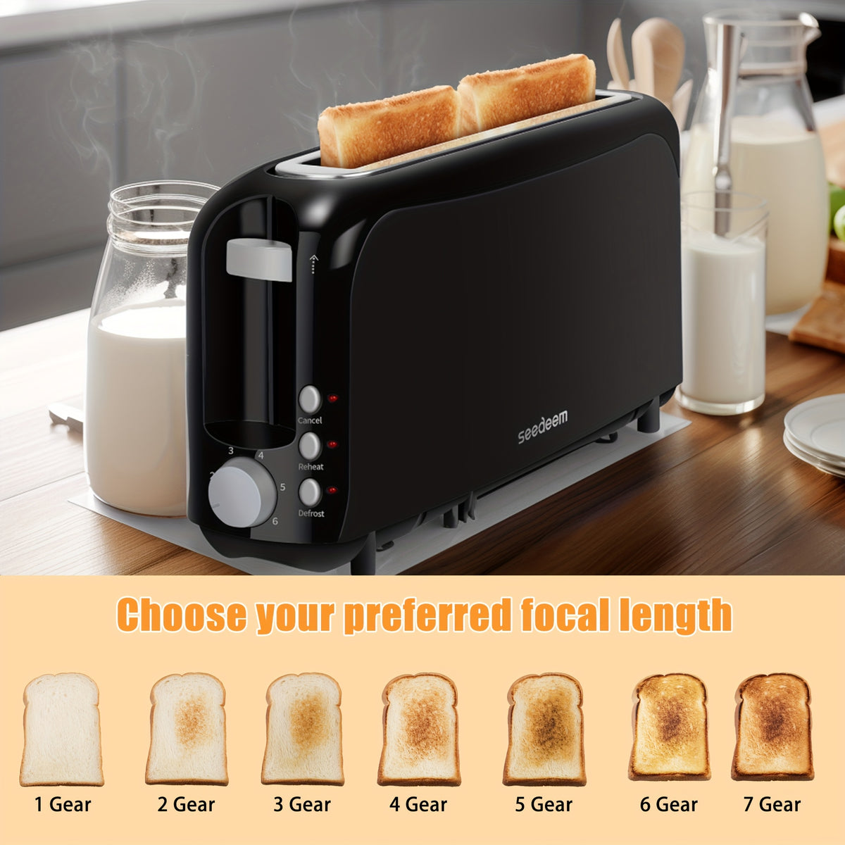 Slim Long Slot Toaster by SEEDEEM, 2-Slice 750W Breakfast Toaster with 1.45-Inch Wide Slot, 6 Shade Settings, Reheat, Defrost and Crumb Tray