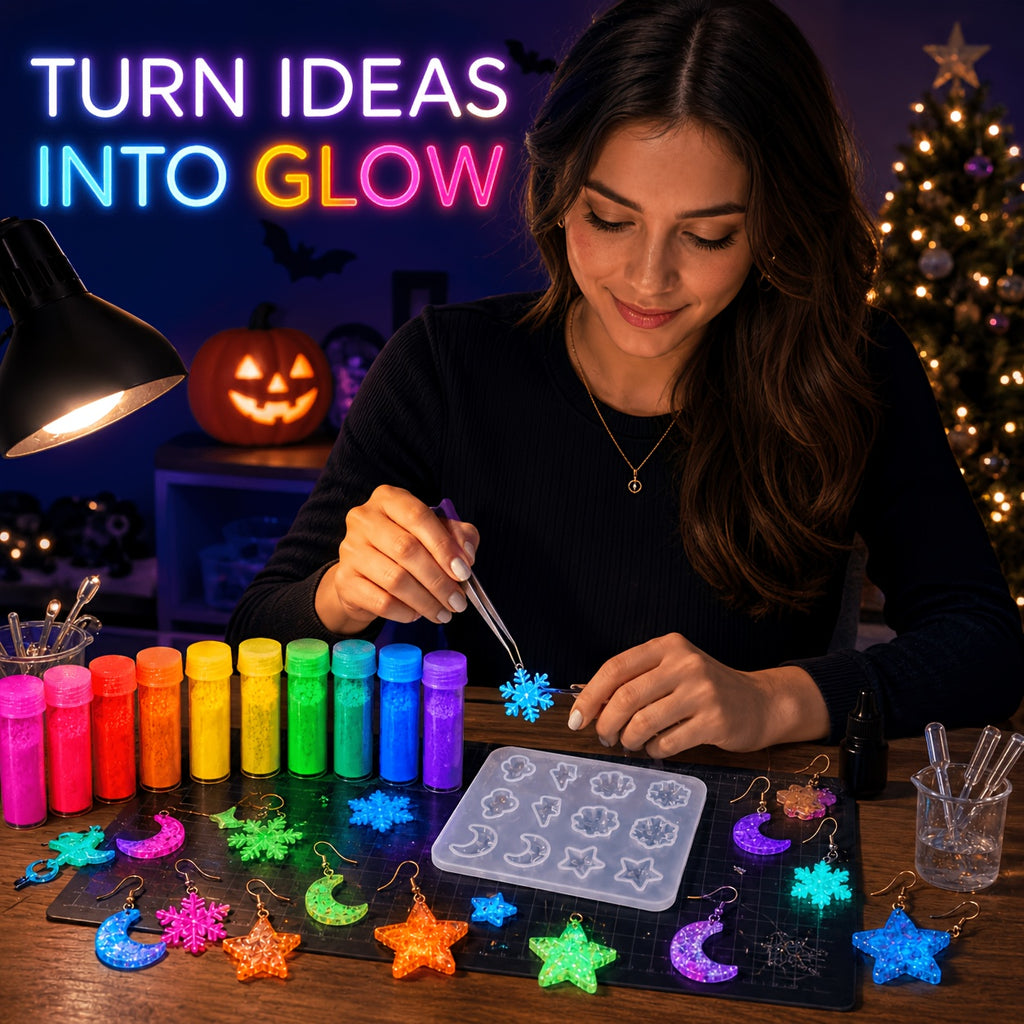 Glow in the Dark Craft Powder with Listed 12 Colors and 20g Label, Mixed-Color Luminous Pigment for Compatible Epoxy Resin Art, DIY Gifts and Holiday Decorations
