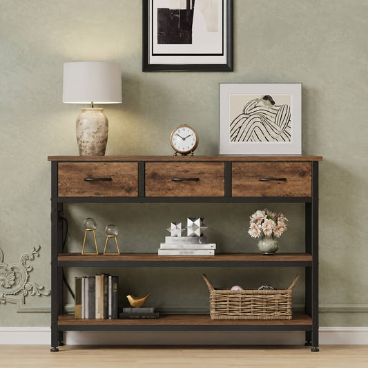 Console Table with Charging Station, Three Fabric Drawers and Open Storage Shelves, Narrow Entryway or Sofa Table with USB-A, USB-C and Two AC Outlets