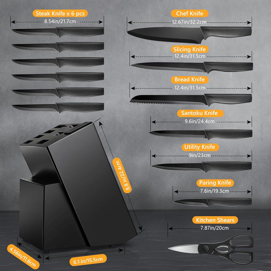 Black Cooking Knife Set with Fruit Knife Small Set or Stainless Steel Kitchen Large Set Options for Slicing, Dicing and Everyday Home Meal Preparation