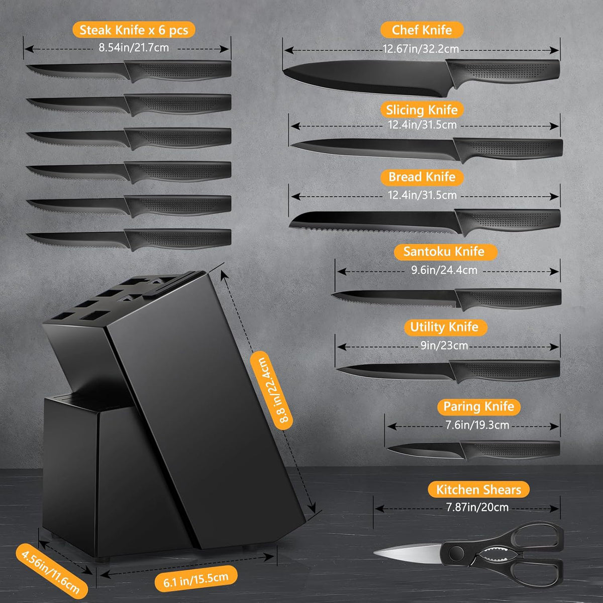 Black Cooking Knife Set with Fruit Knife Small Set or Stainless Steel Kitchen Large Set Options for Slicing, Dicing and Everyday Home Meal Preparation