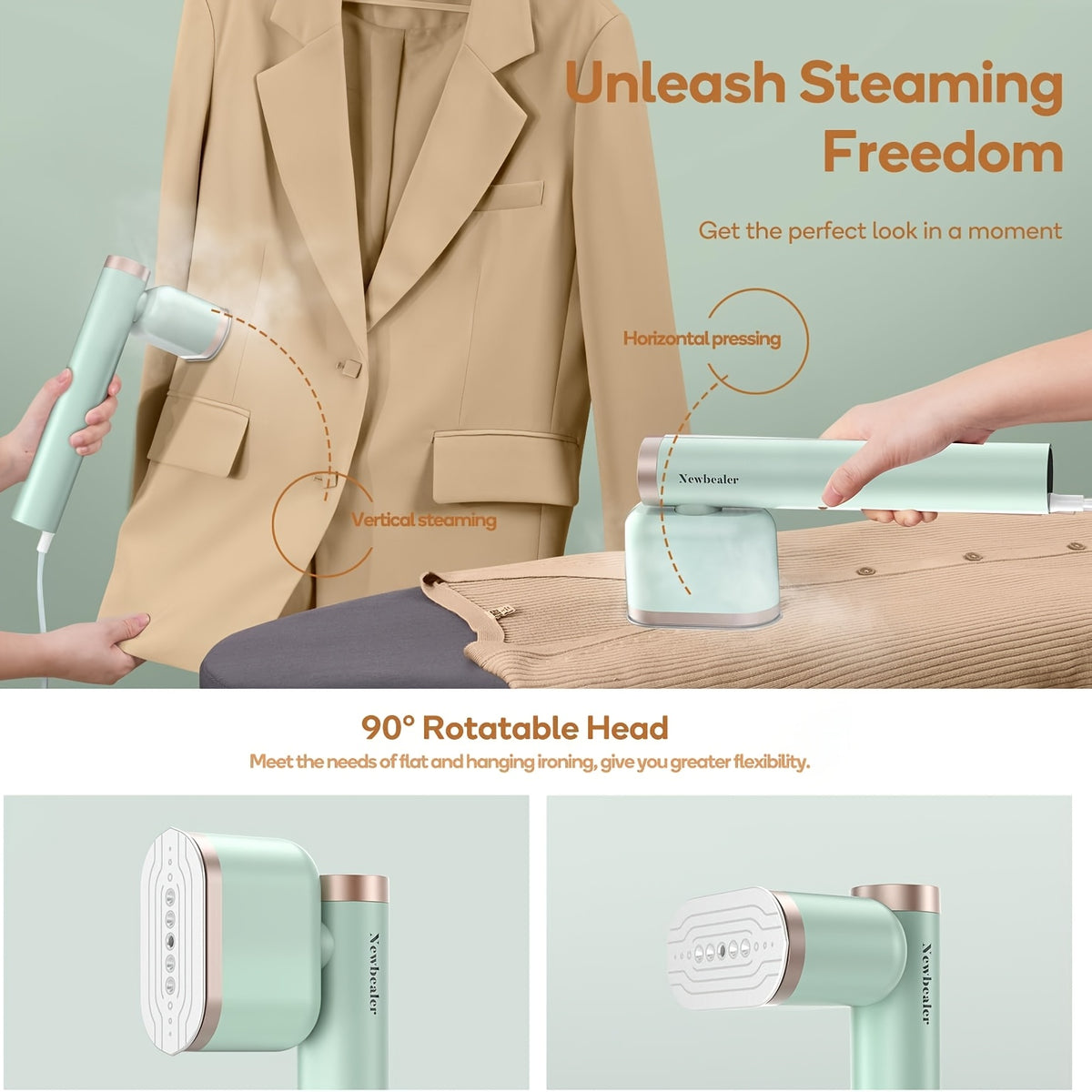 Two-Setting Garment Steamer, 1200W Handheld Clothes Steamer with Listed 15-Second Heat-Up in Royal Purple, Snow White or Mint Green for Home and Travel Fabric Care