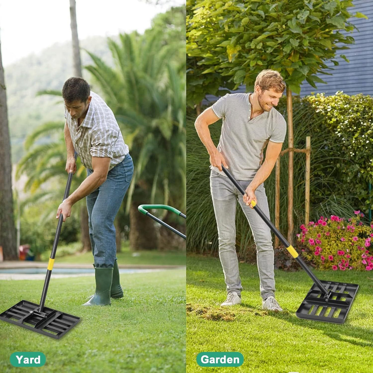Lawn Leveling Rake in Yellow with 5FT Size Option, Metal Lawn Leveler with Foldable Head and Adjustable Handle for Spreading Sand and Soil in Yards