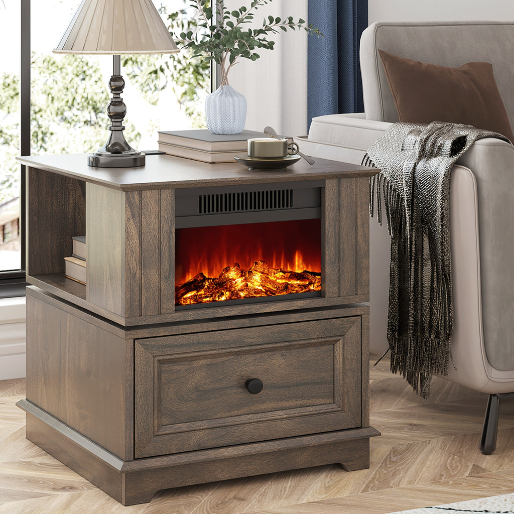 Electric Fireplace End Table with Listed 180-Degree Rotation and 13-Inch Screen, Storage and Charging Station, Six Finish Choices for Living Room Layouts