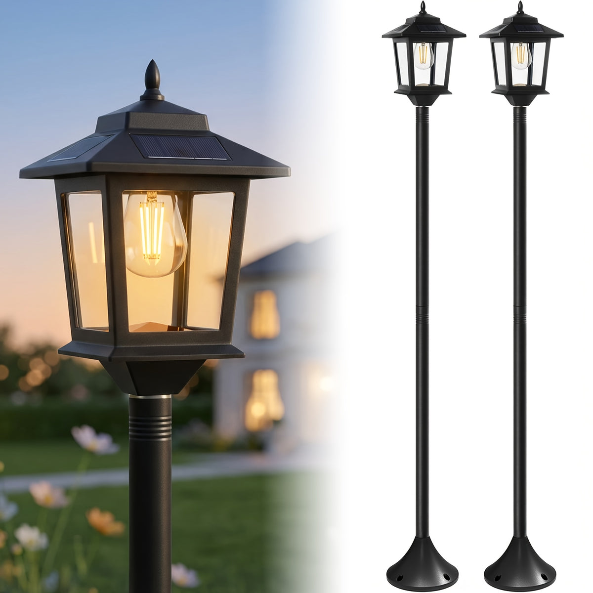 Warm White Solar Lamp Post Pair, Model 05I Two-Piece Decorative Outdoor Floor Lights with Listed 1800LM Claim for Garden, Yard and Entryway Displays