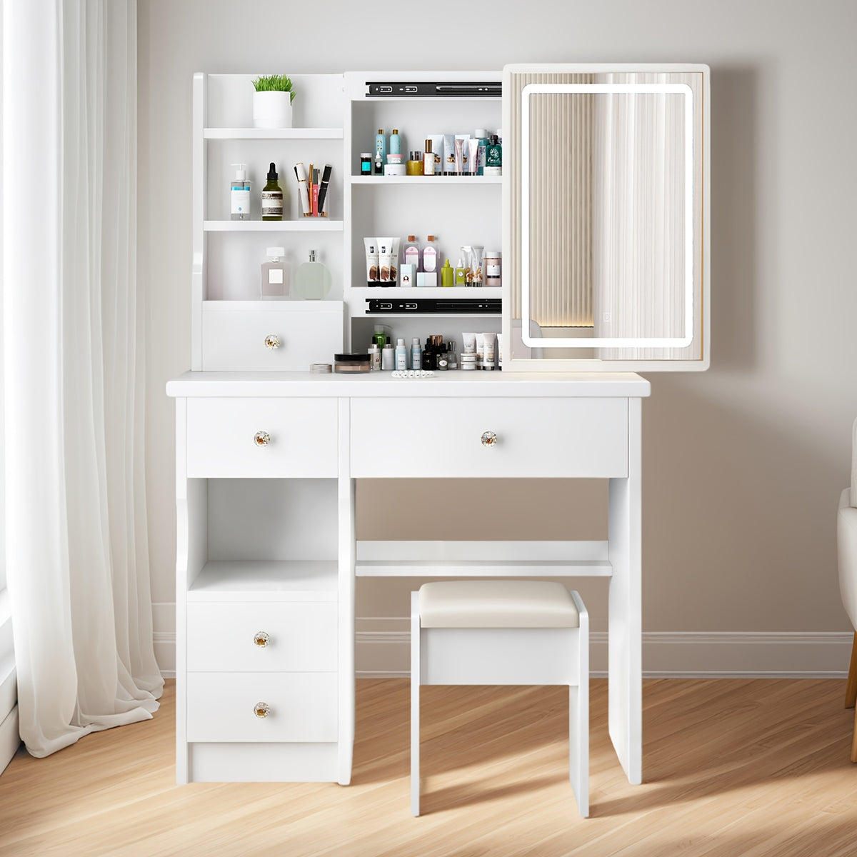 Makeup Vanity with Lighted Mirror, White Dressing Table Set with 5 Drawers, Stool and Open Shelves, 3 Light Settings and Adjustable Brightness