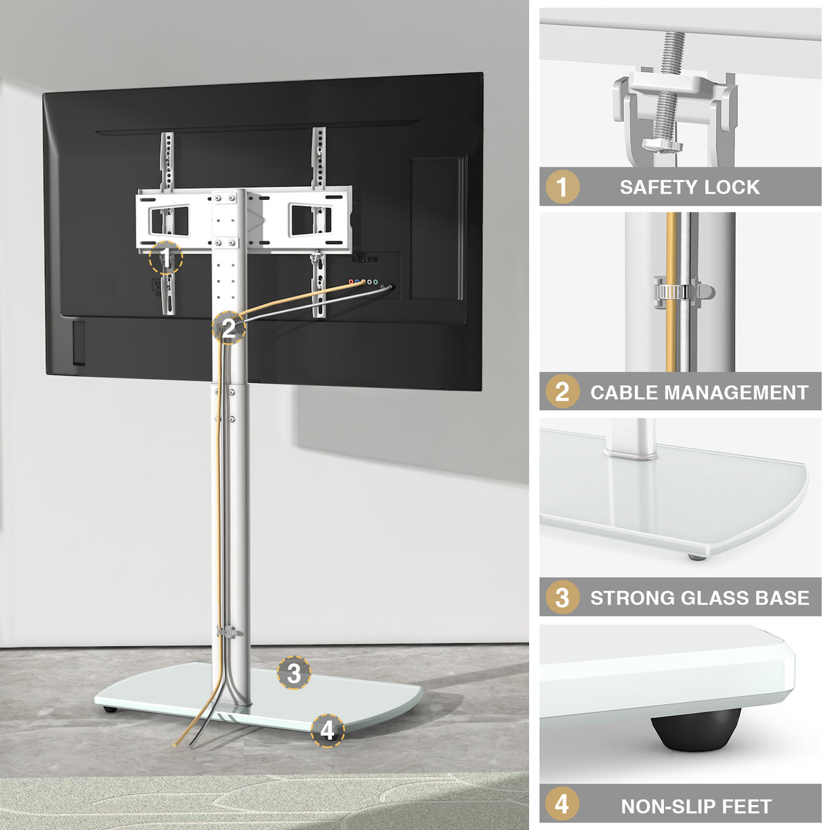 Swivel TV Floor Stand with Adjustable Height and Tempered Glass Base, Cable Management and Black or White Options for Compatible 32–65 Inch Television Setups