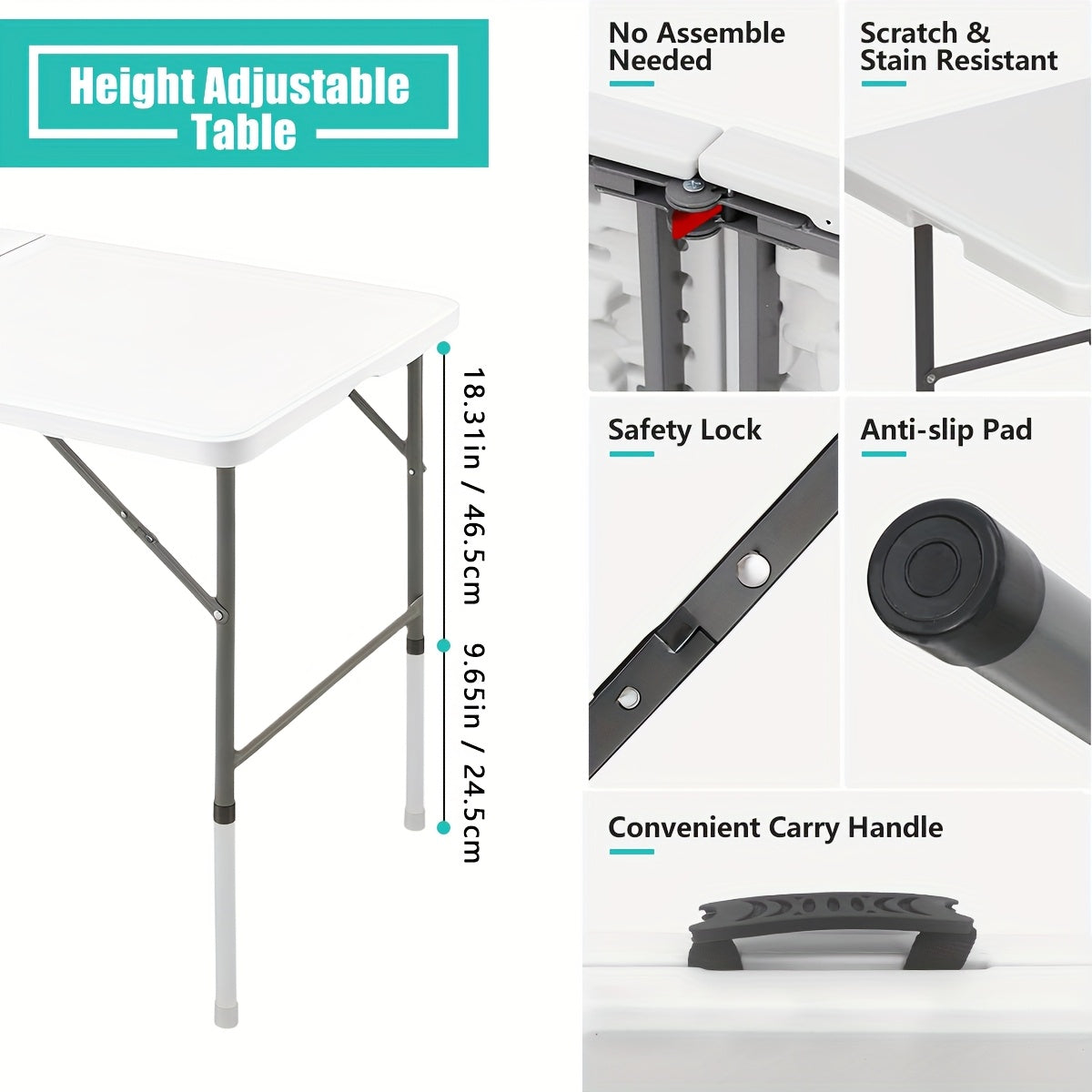 Portable Folding Utility Table with Plastic Top, Carrying Handle and Locking Design, Multiple Model Options for Camping, Picnics and Indoor Outdoor Parties