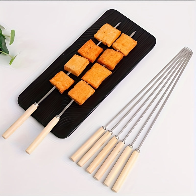 10pcs Stainless Steel Skewers, Multi-Functional Metal BBQ Skewers with Wooden Handles, Stainless Steel Grilling Skewer Sticks for Outdoor Cooking and Barbecue Supplies