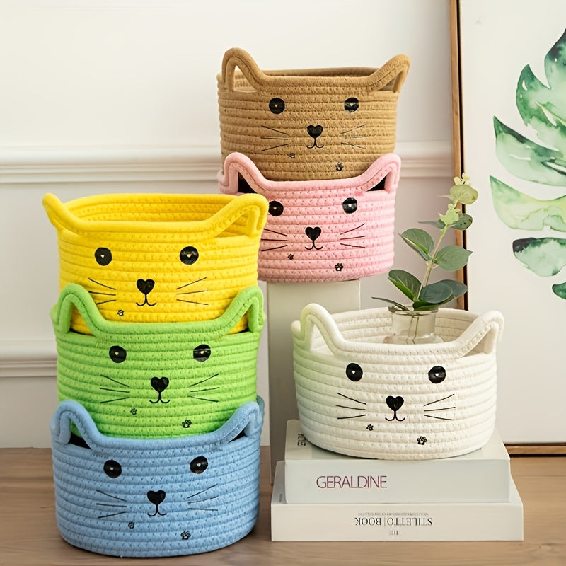 Cat Face Woven Cotton Storage Basket, Single Desktop and Shelf Organizer in Six Color Options for Bedroom, College Dorm and Office Everyday Essentials