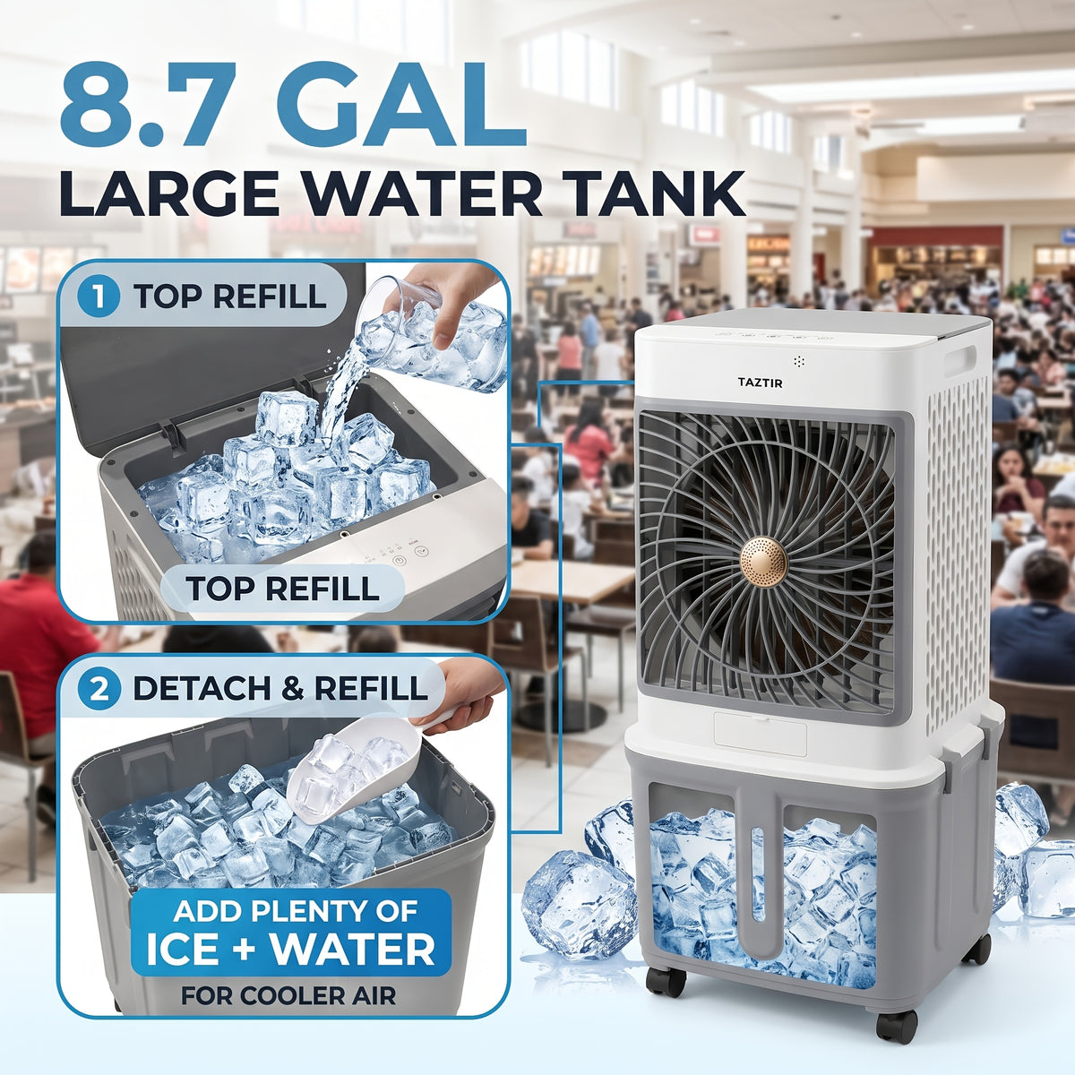 TAZTIR 2200 CFM Evaporative Air Cooler, 8.7 Gal Tank Swamp Cooler with 120° Swing, 3 Speeds, 35dB Quiet Operation and 4 Ice Packs, Portable Cooling Fan for Bedroom, Office, Patio, Garage, Warehouse and Large Spaces