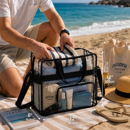 Clear Lunch Bag with Shoulder Strap and Handle, Transparent PVC Snack Tote for Women and Men, Everyday Work Lunch Carry and Sporting Event Planning