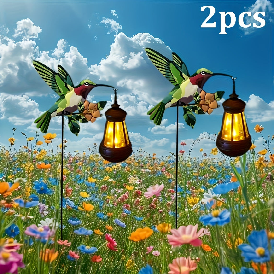 Solar Hummingbird Lantern Pair, Two-Piece Hanging Garden Light Set in Warm or Multicolor Options with Metal and Plastic Construction for Courtyard and Party Decor