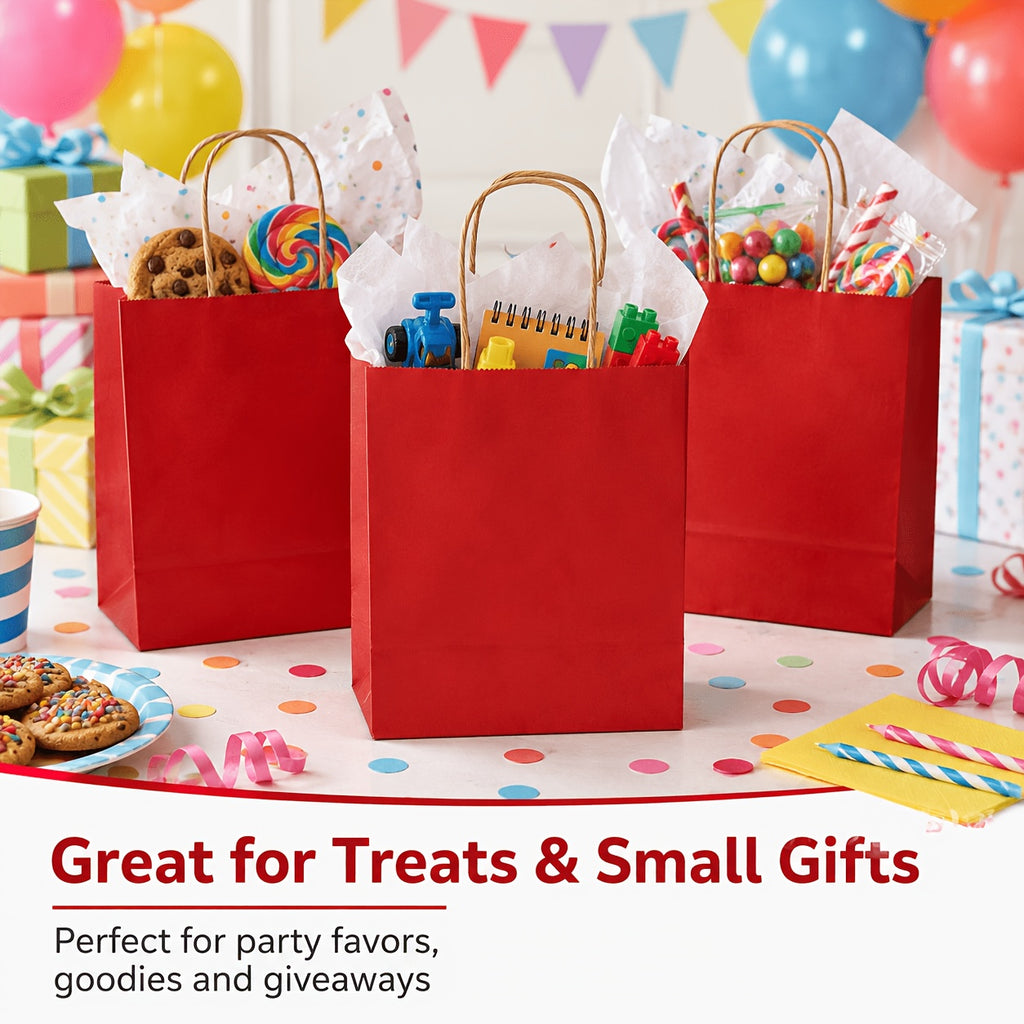 Red Kraft Gift Bags with Twisted Paper Handles, Listed 100-Pack in Small or Medium Sizes for Retail Packaging, Wedding Favors, Birthdays and Holiday Presents