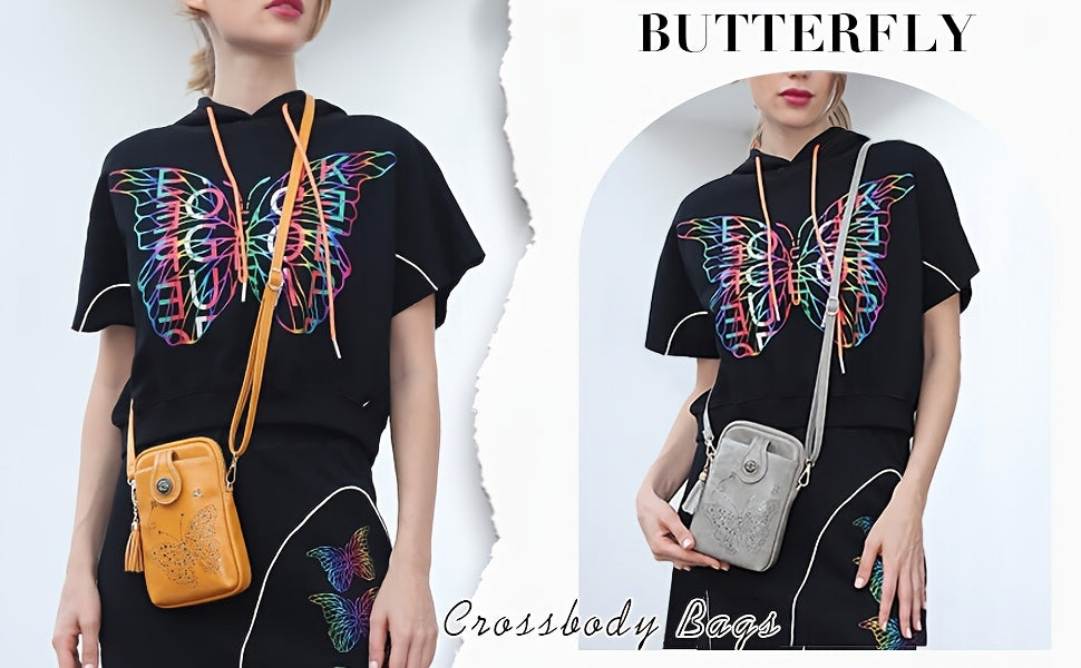 Butterfly Crossbody Phone Purse for Women with Shiny Pattern, Tassel, Adjustable Shoulder Strap and Zipper Closure in Five Colors for Everyday Outings
