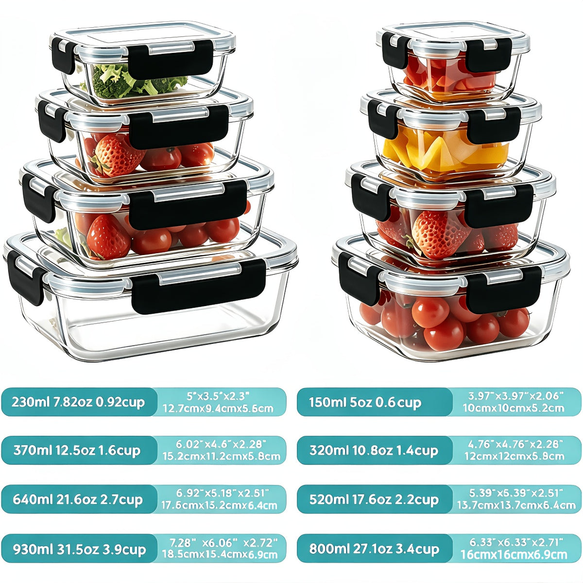 16-Piece Glass Food Storage Set with 8 Containers and 8 Matching Lids, Pink Ear-Buckle, Green or Black Ear-Clip Options for Lunch Portions and Picnic Meals