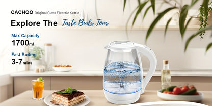 Blue LED Glass Electric Kettle with Listed 1.7L Capacity and 1200W Heating, Angled Pouring Spout, Auto-Shutoff and Boil-Dry Protection for Tea and Hot Water