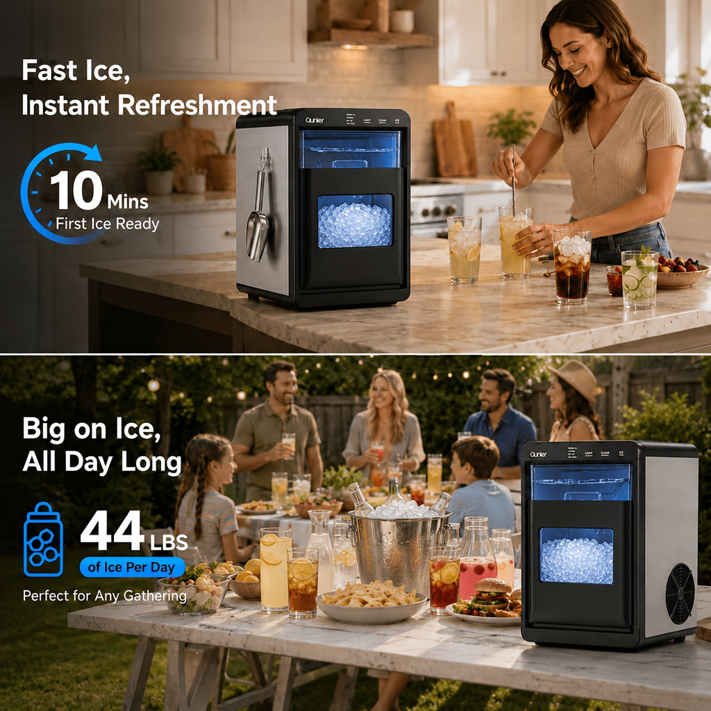 Chewable Pellet Ice Maker by Qunler, Self-Cleaning Countertop Nugget Ice Machine with 35LBS, 44LBS or 35LBS Mini Options for Coffee and Home Bar Drinks