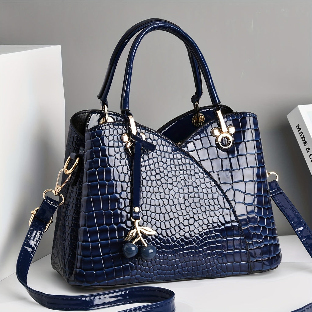Faux Crocodile Texture Handbag, Women's Burgundy or White Fashion Bag with Cherry Pendant, Zipper Closure and Polyester Lining for Shoulder and Crossbody Styling