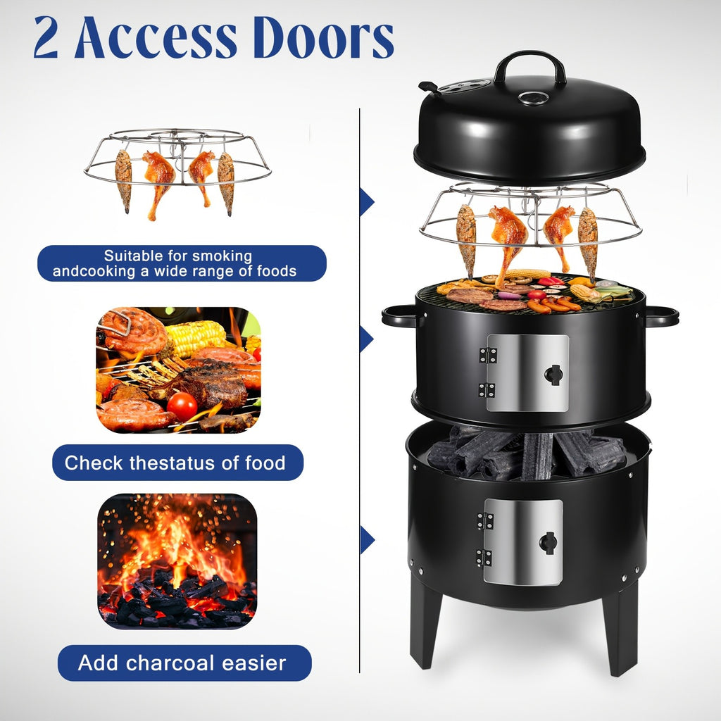 Portable Charcoal Smoker Grill with 3-in-1 Outdoor Cooking Design, Lid Thermometer, Adjustable Height and Top Air Vent, Black Standard or Upgrade Selection