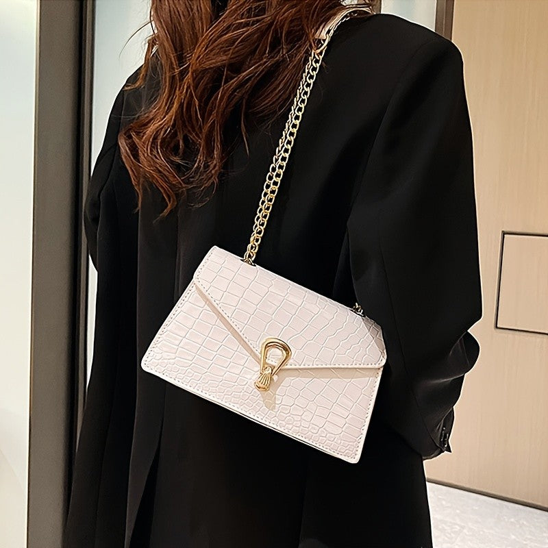 Reptile-Pattern Crossbody Bag for Women with Chain Strap Styling and Gold-Tone Hardware, White, Green or Rose Red Shoulder Purse for Casual and Evening Outfits