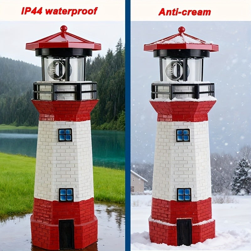 Rotating LED Solar Lighthouse with Built-In Solar Panel and Automatic Night Lighting Wording, Upgraded Model Label for Nautical Garden and Patio Decoration