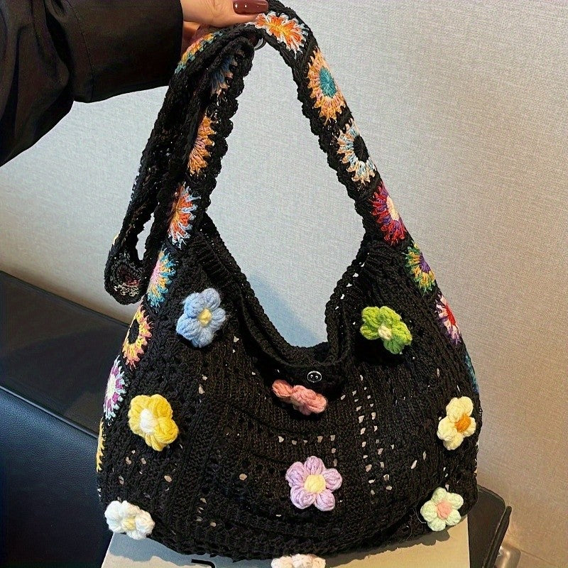 Boho Messenger Bag for Women with Hollow Flower Details and Contrast Fabric, Vintage-Inspired Casual Purse with Button Accents, No Closure and Seven Option Labels