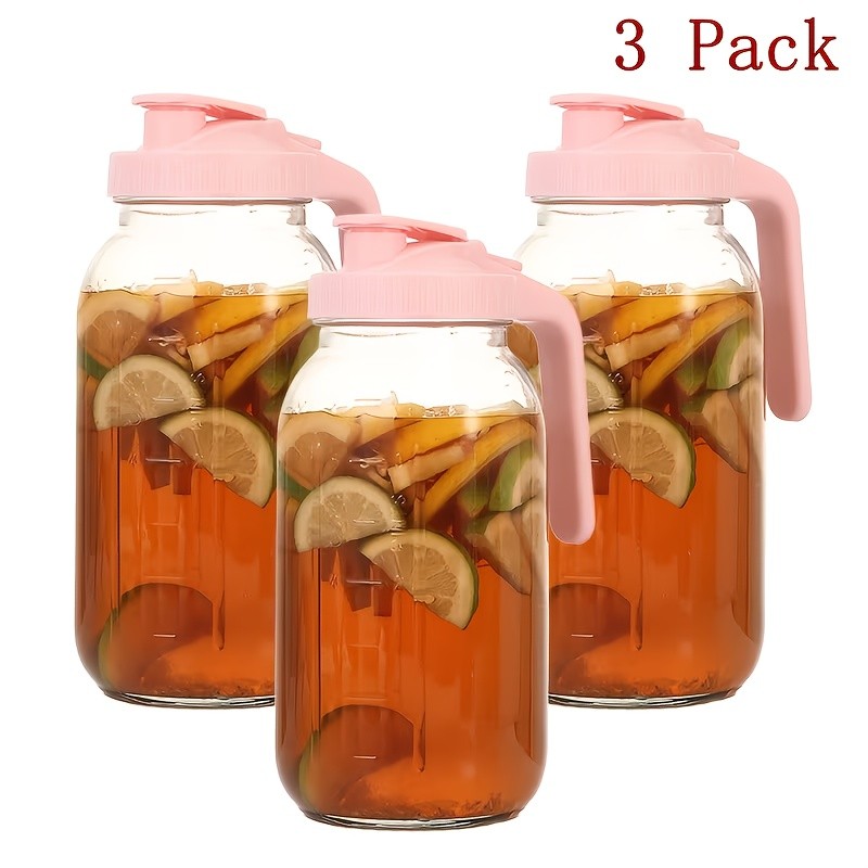 64oz Glass Pitcher with Handle and Pour Spout Lid, Wide Mouth Mason Jar Water Jug in 2-Pack, 3-Pack or Cup Set Options for BBQs and Fridge Storage
